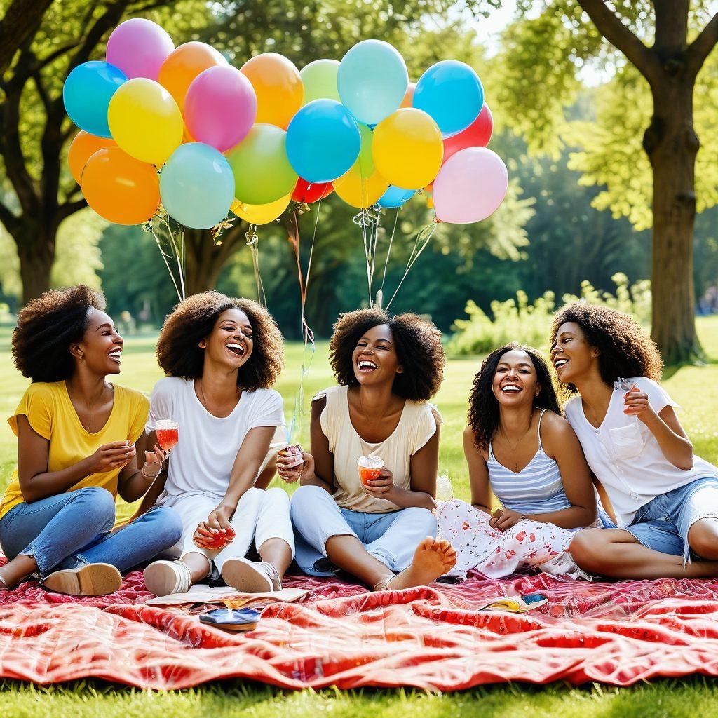 A joyful scene depicting a diverse group of friends laughing and sharing moments in a sunny park, surrounded by blooming flowers and lush greenery. Incorporate elements like colorful balloons and a picnic setting with delicious food, showcasing the essence of happiness and connection. The atmosphere should be warm, inviting, and filled with positive energy. vibrant colors. super-realistic.
