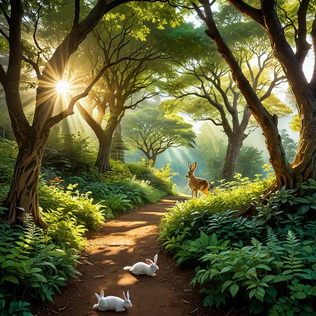 A vibrant path winding through a lush green forest, with sunlight streaming through the leaves, representing a journey filled with joy and positivity. Along the path, whimsical animals like rabbits and birds symbolize uplifting moments, while distant mountains hint at thrilling adventures ahead. The sky above is painted with a sunrise palette of warm oranges and yellows. super-realistic. vibrant colors. 3D.