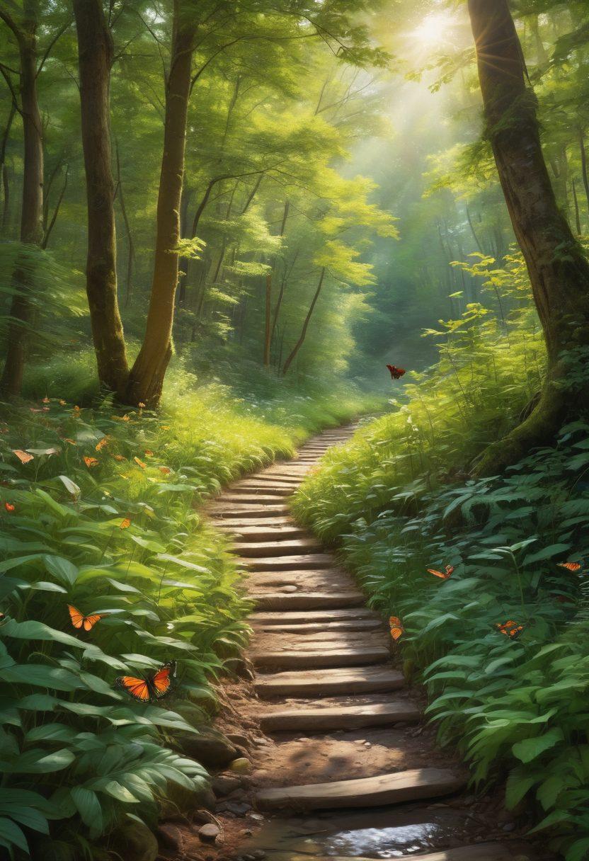 A serene landscape depicting a sunlit path through a lush green forest, with butterflies fluttering around and a gentle stream flowing nearby. Along the path, a diverse group of people of all ages are sharing joyful moments, such as laughing, hugging, and meditating, symbolizing connection and happiness. The scene conveys a sense of peace and fulfillment, inviting viewers to embrace life's joyful moments. super-realistic. vibrant colors. ethereal lighting.